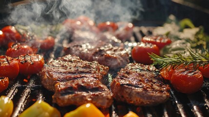 Cooking Delicious Meat and Vegetables on Barbecue Grill
