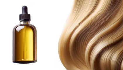 Naklejka premium Close-up of a beautifully woven blonde hair pattern featuring a small bottle of hair treatment serum, highlighting luxurious hair care.
