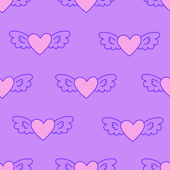 Flying Hearts Doodle Seamless Pattern. Cute romantic background with love symbols and wings. Repeat vector illustration for Valentine's day and Wedding