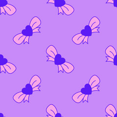 Romantic Seamless Pattern with Knots and Heart Shapes. Cute coquette endless background with tied bows and ribbons. Simplicity girlish design. Repeat vector illustration