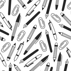 Pen Pencil Stationery Doodle Seamless Pattern. Hand drawn black and white endless background with falling office supplies.  Repeat vector illustration