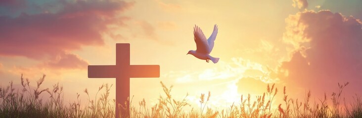 Naklejka premium Jesus Christ Soaring Above Cross Against Vibrant Sunset, Dove Flying Over Silhouette of Cross, Easter Celebrations, Hope, and Renewal
