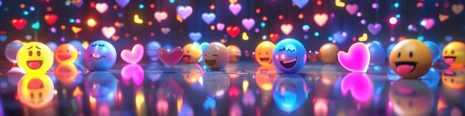 Realistic 3D render of social media emojis and likes on a reflective surface, vibrant lights.