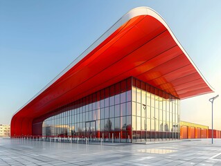 Modern architectural design of a vibrant red building with large glass windows situated in an urban environment during afternoon light
