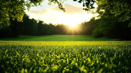 Obraz premium A serene landscape showcasing lush greenery under a vibrant sunset, perfect for nature and tranquility themes.