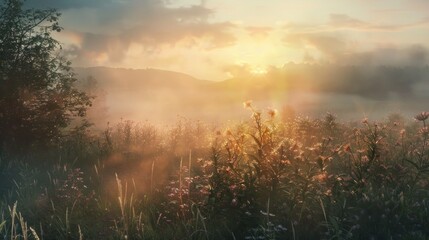 Naklejka premium Sunrise Over Misty Field