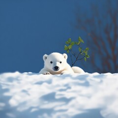 A charming polar bear cub resting in the snow, surrounded by a serene winter landscape and a small green sprout.