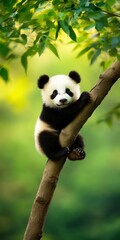 Obraz premium A charming panda sits gracefully on a tree branch, surrounded by lush greenery in a serene natural setting.