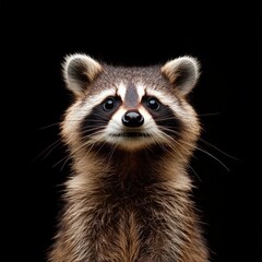 Obraz premium A close-up portrait of a raccoon showcasing its distinctive features and endearing expression against a black background.
