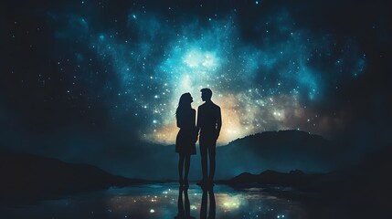 Fototapeta premium Silhouette of Couple Under Night Sky with Stars