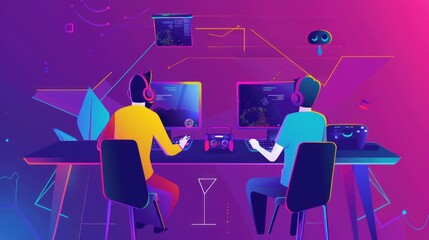 Two Gamers Sitting at a Desk in a Neon-Lit Room