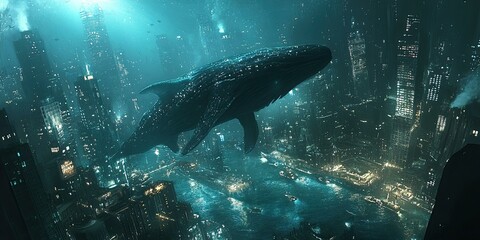 A whale swims over a futuristic city.