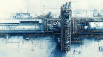 Abstract industrial structure featuring complex engineering design and futuristic details, showcasing modern technology.