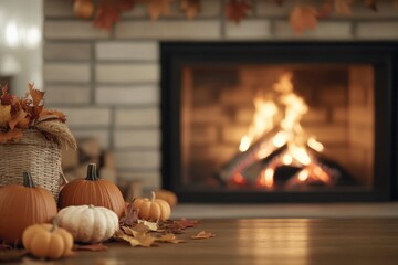 Fototapeta premium Cozy Thanksgiving Fireplace: A warm and inviting living room with a crackling fireplace, where Thanksgiving decorations like a garland of leaves, small pumpkins, and a cornucopia are arranged on the m
