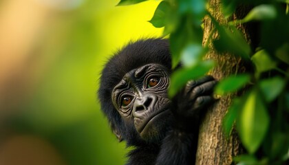 Obraz premium A curious young gorilla gazes from behind a tree, showcasing its expressive eyes amidst lush green foliage.