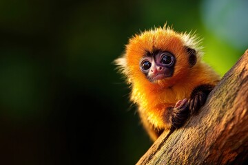 Obraz premium A cute, orange baby monkey perched on a tree branch, showcasing its expressive eyes and fluffy fur in a vibrant natural setting.