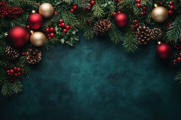 Festive Christmas border with ornaments, pine cones and berries