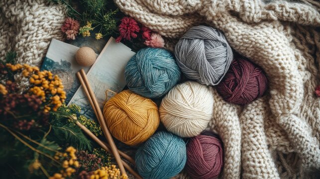 A cozy arrangement of colorful yarn balls on a textured blanket, perfect for crafting and creative projects.