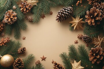 Holiday decorations with pine cones and golden elements