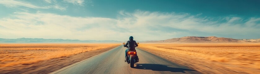 Naklejka premium A lone motorcyclist rides down a deserted highway, surrounded by vast landscapes under a bright blue sky.