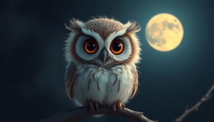 Cute Owl Perched on Branch Under Full Moon