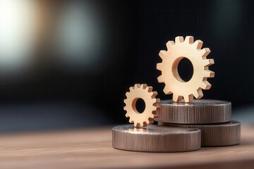 Gold gears on metallic coins, symbolizing finance and business efficiency. Ideal for economic and technological themes.