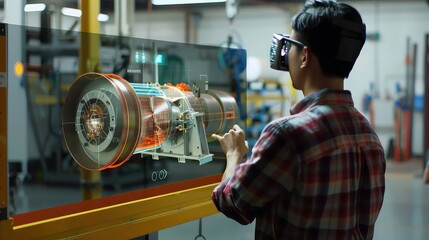 A man wearing a virtual reality headset interacts with a digital model of a machine, highlighting the use of virtual reality in industrial applications.