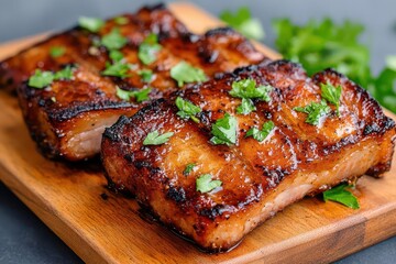 Grilled meat fillet garnished with fresh herbs on a wooden board. Perfect for culinary presentations and delicious recipes.