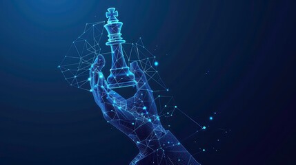 A digital representation of a hand holding a chess king piece, constructed using wire frame lines and dots.