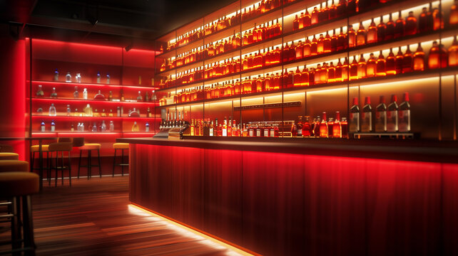 Whiskey bar with a red theme interior design.