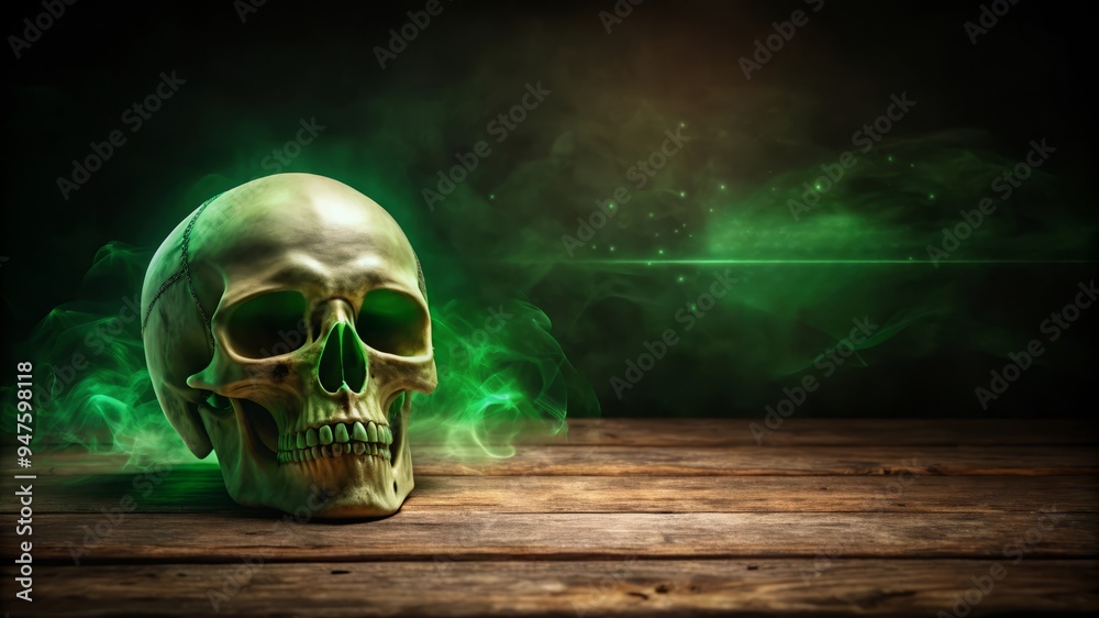 Wall mural skull in green smoke with wooden background.