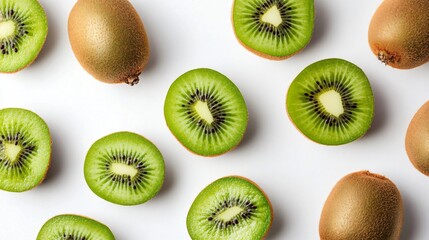 Fototapeta premium Fresh Kiwis Whole and Cut on White Background