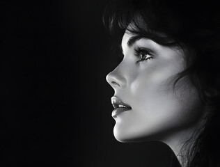 Fototapeta premium Black and White Profile Portrait of a Young Woman with Intense Gaze.
