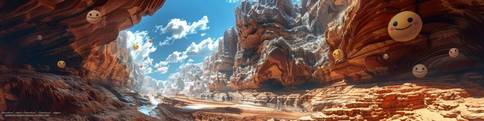Mystical canyon with emojis as rock formations, carved by time and nature.