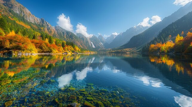 Amazing view of the Panda Lake among colorful fall  at the Rize Valley in Jiuzhaigou Nature R (Jiuzhai Valley National Park), China. Scenic wooded mountains and blue sky reflected in water