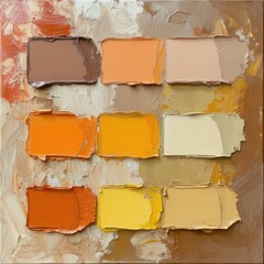 A collection of vibrant paint swatches arranged artistically, showcasing various shades of orange and beige on a textured background