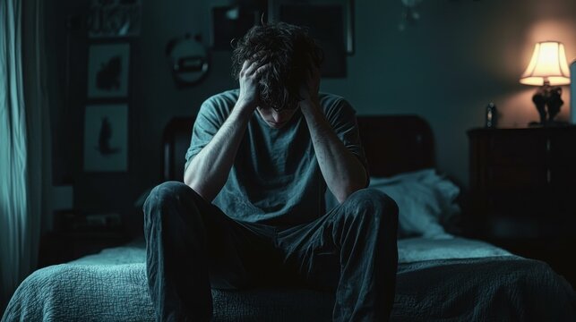 Man Sitting On Bed In The Dark With Head In Hands - sad