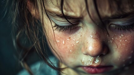 Close Up of a Child's Face Covered in Water Droplets - sad