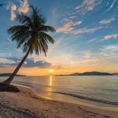 Fototapeta premium At sunset time on the tropical paradise island beach and sea with coconut palm tree for holiday and vacation