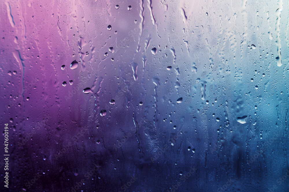 Sticker Beautiful gradient abstract water background. blurry drops of water on the glass. macro. blue-violet tint


