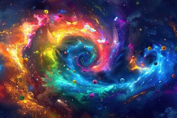 Multicolored emojis forming a spiral galaxy, with vibrant stars and cosmic dust, creating an ethereal scene.
