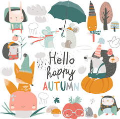 Fototapeta premium Fall set with cute forest animals in cartoon style