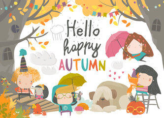 Fototapeta premium Cute children meeting autumn wearing warm clothes