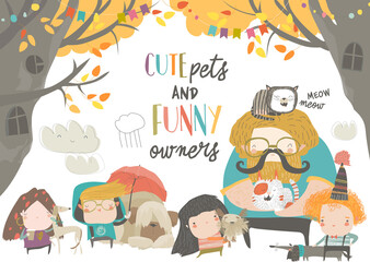 Funny owners walking with their cute pets