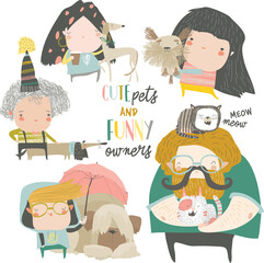 Cute pets with their owners. Funny cartoon dogs