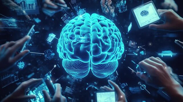 Hologram of the brain. Brain and technology network. Digital brain with glowing circuit patterns. Futuristic brain. Digital human brain connected to an electronic board. Artificial Intelligence tech