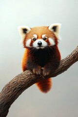 Fototapeta premium A vibrant red panda perched on a branch, displaying its striking fur and playful demeanor in a serene forest environment.
