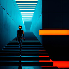 a futuristic woman in front of a minimal architectural backdrop