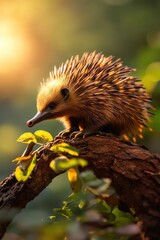 Fototapeta premium An adorable echidna perched on a branch, surrounded by lush greenery and warm sunlight, showcasing its unique spiky coat.