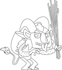 Outlined Krampus Or Christmas Devil Cartoon Character Wearing Basket Backpack Holding Rods Flogging Punishment. Vector Hand Drawn Illustration Isolated On Transparent Background